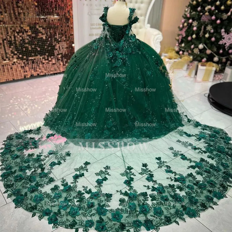 Misshow Emerald Green Off-Shoulder Ball Gown 3D Floral Appliques & Beaded Tulle Quinceanera Dress for Sweet 16 & Weddings