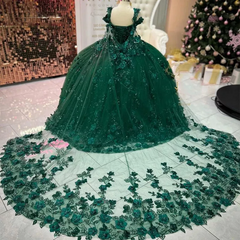 Misshow Emerald Green Off-Shoulder Ball Gown 3D Floral Appliques & Beaded Tulle Quinceanera Dress for Sweet 16 & Weddings