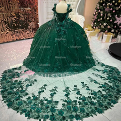 Misshow Emerald Green Off-Shoulder Ball Gown 3D Floral Appliques & Beaded Tulle Quinceanera Dress for Sweet 16 & Weddings