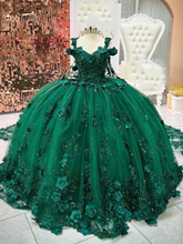 Misshow Emerald Green Off-Shoulder Ball Gown 3D Floral Appliques & Beaded Tulle Quinceanera Dress for Sweet 16 & Weddings