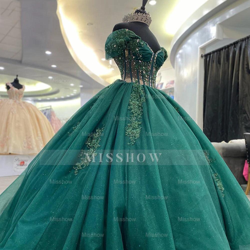 Misshow Emerald Green Off-Shoulder Ball Gown Floral Lace Applique Sweep Train Quinceanera Dress for Sweet 16 & Princess Galas