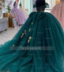 Misshow Emerald Green Off-Shoulder Ball Gown Puffy Sleeves Floral Lace Appliques Tulle Princess Quinceanera Dress for Sweet 16