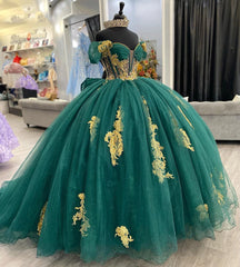 Misshow Emerald Green Off-Shoulder Ball Gown Puffy Sleeves Floral Lace Appliques Tulle Princess Quinceanera Dress for Sweet 16