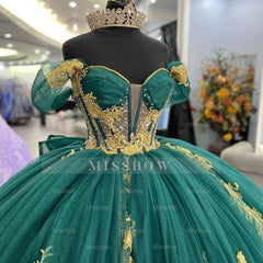 Misshow Emerald Green Off-Shoulder Ball Gown Puffy Sleeves Floral Lace Appliques Tulle Princess Quinceanera Dress for Sweet 16