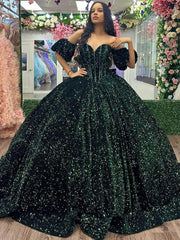 Misshow Emerald Green Off-Shoulder Ball Gown Sparkling Tulle Quinceanera Dress with Puff Sleeves for Sweet 16 & Princess Evening Galas