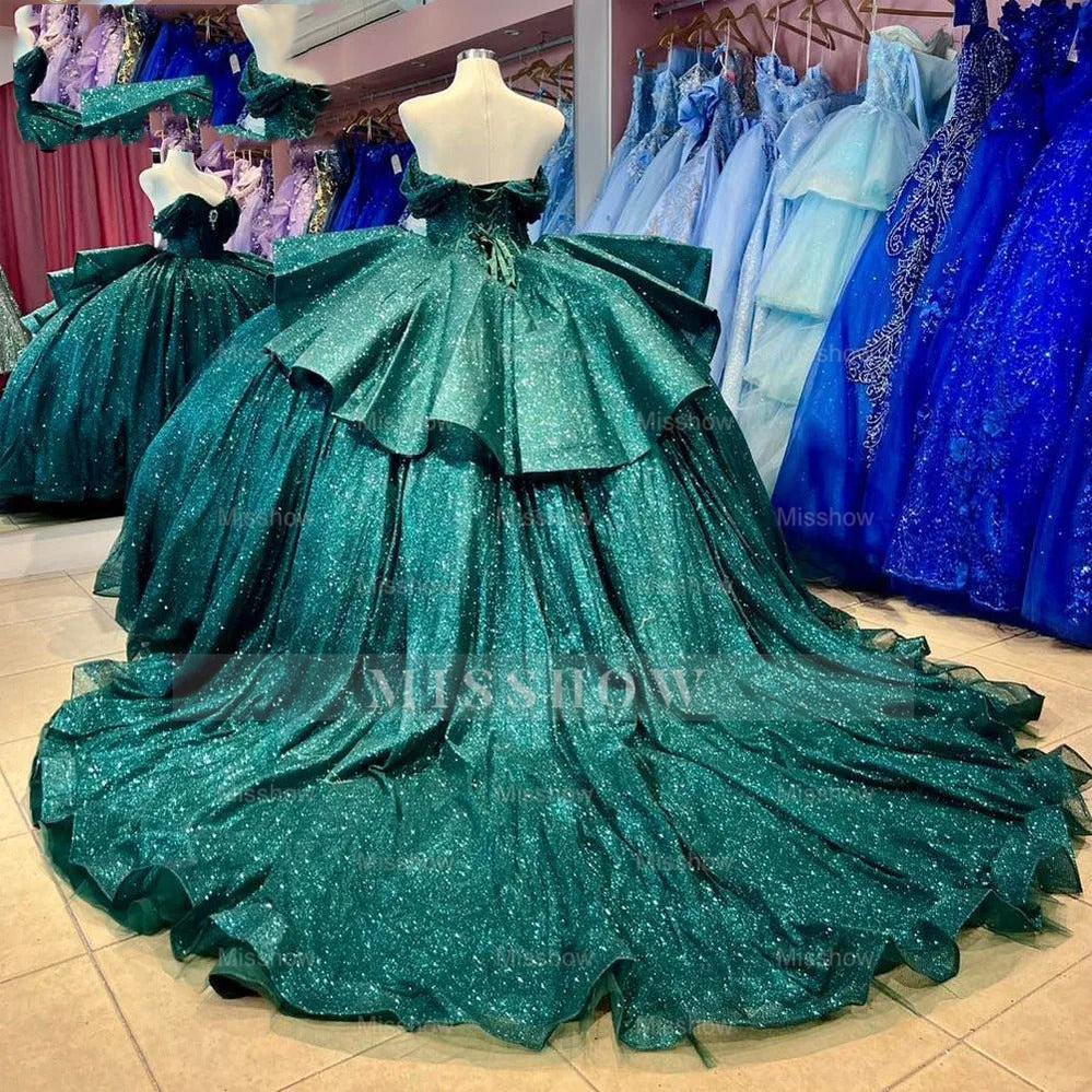 Misshow Emerald Green Quinceanera Ball Gown Off-Shoulder Sparkle Tulle Dress with Tiered Ruffles for Sweet 16 & Princess Parties
