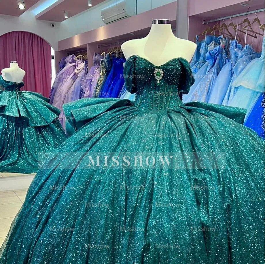 Misshow Emerald Green Quinceanera Ball Gown Off-Shoulder Sparkle Tulle Dress with Tiered Ruffles for Sweet 16 & Princess Parties