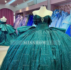 Misshow Emerald Green Quinceanera Ball Gown Off-Shoulder Sparkle Tulle Dress with Tiered Ruffles for Sweet 16 & Princess Parties