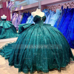 Misshow Emerald Green Quinceanera Ball Gown Off-Shoulder Sparkle Tulle Dress with Tiered Ruffles for Sweet 16 & Princess Parties