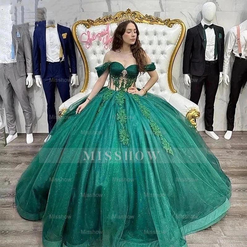 Misshow Emerald Green Quinceanera Dress Off-Shoulder Ball Gown with Floral Lace Appliques & Beaded Corset for Sweet 16