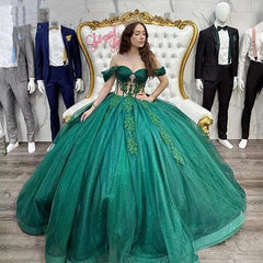 Misshow Emerald Green Quinceanera Dress Off-Shoulder Ball Gown with Floral Lace Appliques & Beaded Corset for Sweet 16