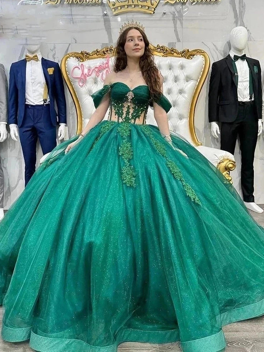 Misshow Emerald Green Quinceanera Dress Off-Shoulder Ball Gown with Floral Lace Appliques & Beaded Corset for Sweet 16