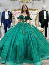 Misshow Emerald Green Quinceanera Dress Off-Shoulder Ball Gown with Floral Lace Appliques & Beaded Corset for Sweet 16