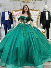 Misshow Emerald Green Quinceanera Dress Off-Shoulder Ball Gown with Floral Lace Appliques & Beaded Corset for Sweet 16