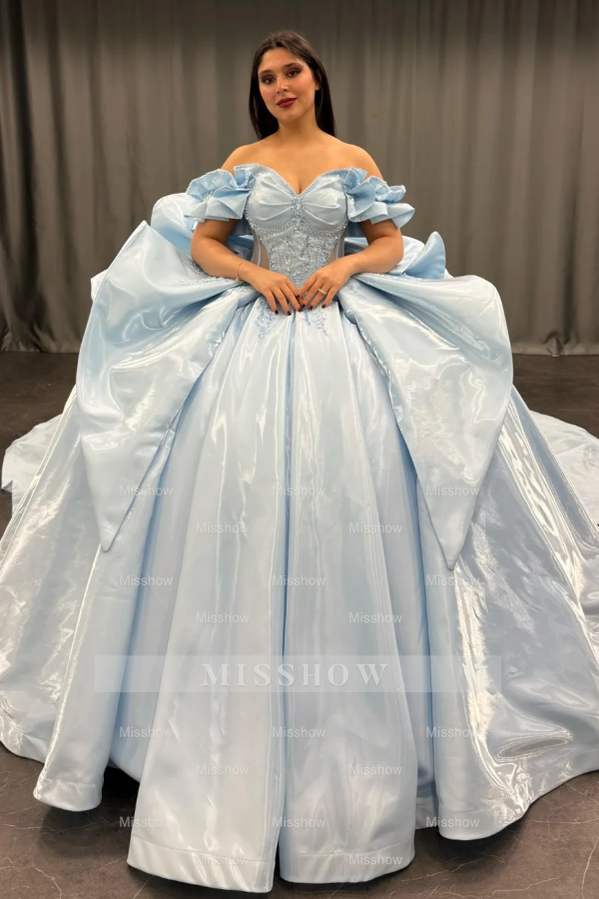 Misshow Exquisite Baby Blue Satin Quinceanera Dress Off-Shoulder Beaded Ball Gown with Sequins & Bow Detail for Sweet 16 & Birthday Parties