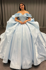 Misshow Exquisite Baby Blue Satin Quinceanera Dress Off-Shoulder Beaded Ball Gown with Sequins & Bow Detail for Sweet 16 & Birthday Parties