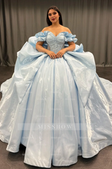 Misshow Exquisite Baby Blue Satin Quinceanera Dress Off-Shoulder Beaded Ball Gown with Sequins & Bow Detail for Sweet 16 & Birthday Parties