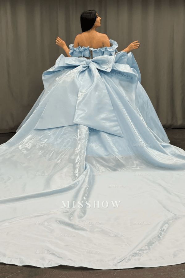 Misshow Exquisite Baby Blue Satin Quinceanera Dress Off-Shoulder Beaded Ball Gown with Sequins & Bow Detail for Sweet 16 & Birthday Parties