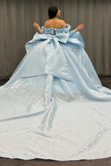 Misshow Exquisite Baby Blue Satin Quinceanera Dress Off-Shoulder Beaded Ball Gown with Sequins & Bow Detail for Sweet 16 & Birthday Parties