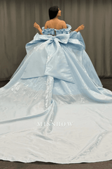 Misshow Exquisite Baby Blue Satin Quinceanera Dress Off-Shoulder Beaded Ball Gown with Sequins & Bow Detail for Sweet 16 & Birthday Parties