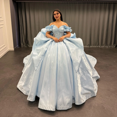 Misshow Exquisite Baby Blue Satin Quinceanera Dress Off-Shoulder Beaded Ball Gown with Sequins & Bow Detail for Sweet 16 & Birthday Parties