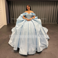 Misshow Exquisite Baby Blue Satin Quinceanera Dress Off-Shoulder Beaded Ball Gown with Sequins & Bow Detail for Sweet 16 & Birthday Parties
