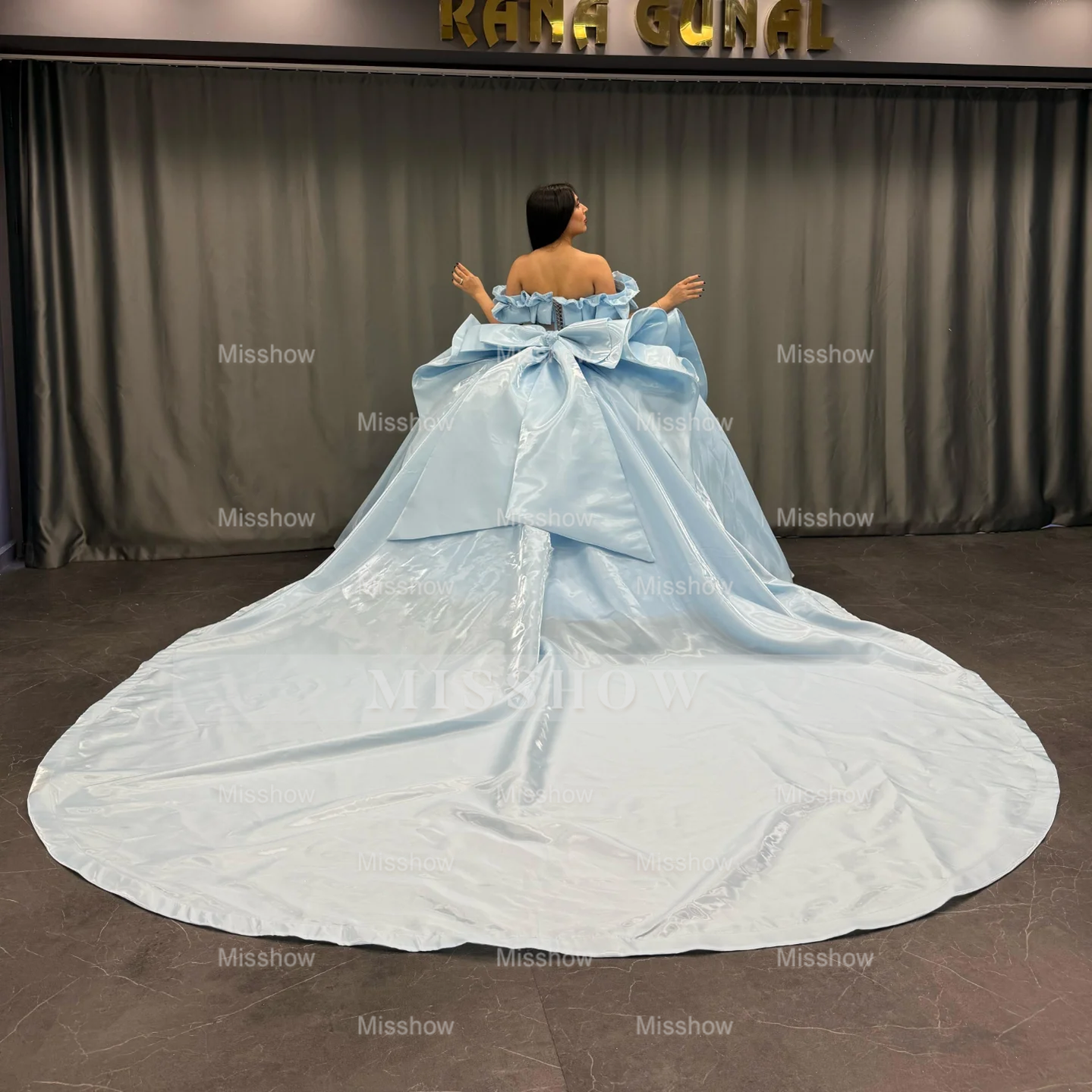 Misshow Exquisite Baby Blue Satin Quinceanera Dress Off-Shoulder Beaded Ball Gown with Sequins & Bow Detail for Sweet 16 & Birthday Parties