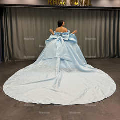 Misshow Exquisite Baby Blue Satin Quinceanera Dress Off-Shoulder Beaded Ball Gown with Sequins & Bow Detail for Sweet 16 & Birthday Parties