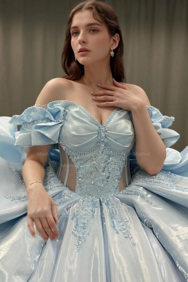 Misshow Exquisite Baby Blue Satin Quinceanera Dress Off-Shoulder Beaded Ball Gown with Sequins & Bow Detail for Sweet 16 & Birthday Parties