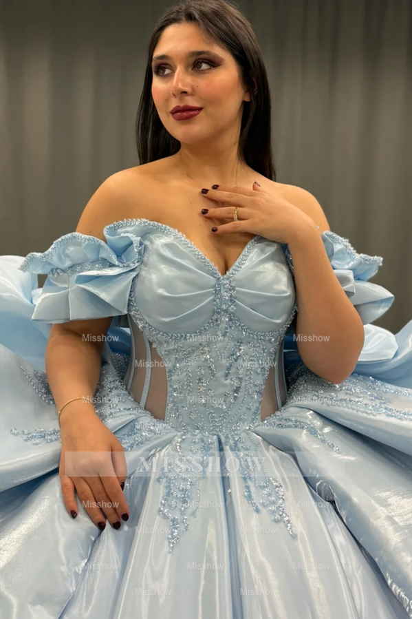 Misshow Exquisite Baby Blue Satin Quinceanera Dress Off-Shoulder Beaded Ball Gown with Sequins & Bow Detail for Sweet 16 & Birthday Parties