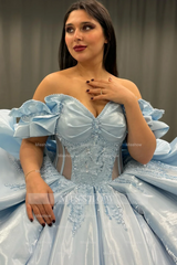 Misshow Exquisite Baby Blue Satin Quinceanera Dress Off-Shoulder Beaded Ball Gown with Sequins & Bow Detail for Sweet 16 & Birthday Parties