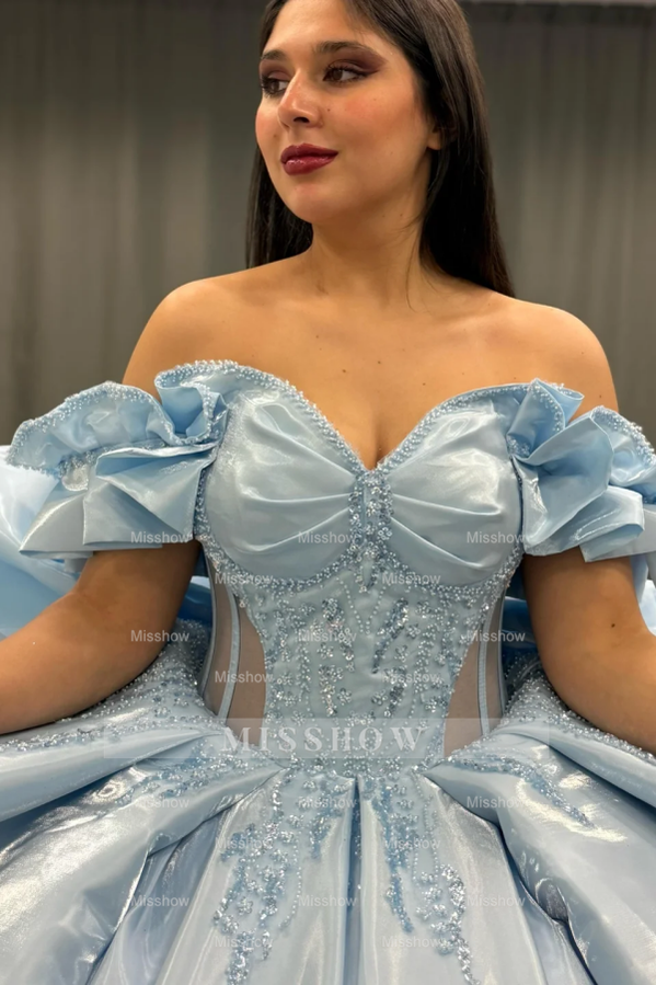 Misshow Exquisite Baby Blue Satin Quinceanera Dress Off-Shoulder Beaded Ball Gown with Sequins & Bow Detail for Sweet 16 & Birthday Parties