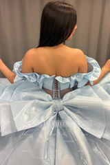 Misshow Exquisite Baby Blue Satin Quinceanera Dress Off-Shoulder Beaded Ball Gown with Sequins & Bow Detail for Sweet 16 & Birthday Parties