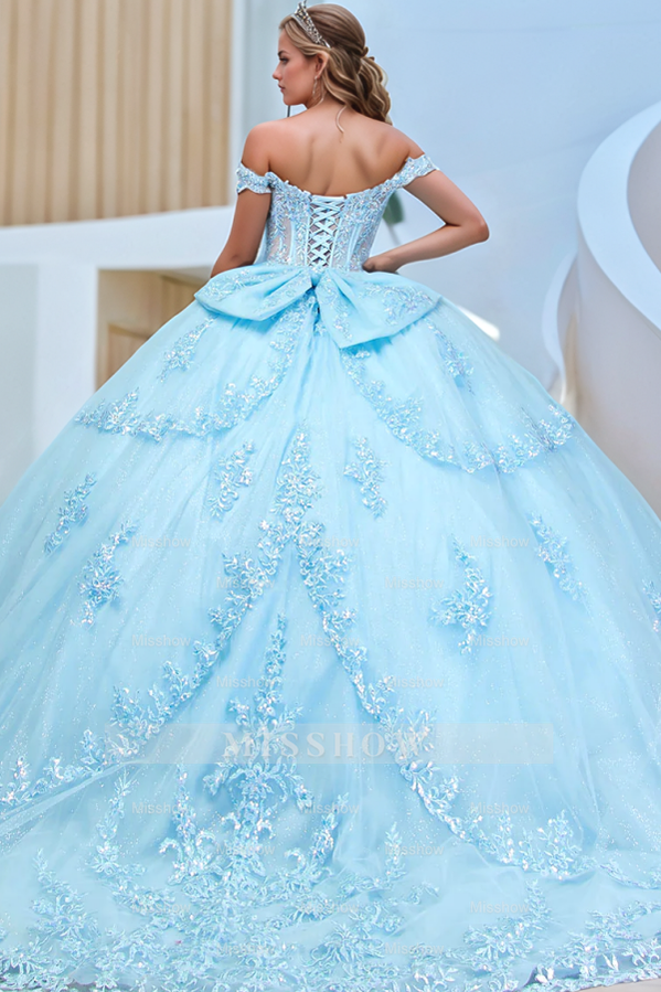 Misshow Exquisite Baby Blue Tulle Quinceanera Dress Off-Shoulder Applique Lace Ball Gown with Tiered Skirt & Bow Detail for Sweet 16 & Birthday Celebrations
