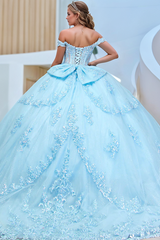 Misshow Exquisite Baby Blue Tulle Quinceanera Dress Off-Shoulder Applique Lace Ball Gown with Tiered Skirt & Bow Detail for Sweet 16 & Birthday Celebrations