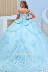 Misshow Exquisite Baby Blue Tulle Quinceanera Dress Off-Shoulder Applique Lace Ball Gown with Tiered Skirt & Bow Detail for Sweet 16 & Birthday Celebrations