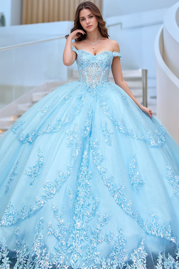 Misshow Exquisite Baby Blue Tulle Quinceanera Dress Off-Shoulder Applique Lace Ball Gown with Tiered Skirt & Bow Detail for Sweet 16 & Birthday Celebrations