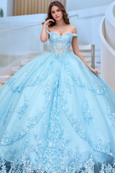 Misshow Exquisite Baby Blue Tulle Quinceanera Dress Off-Shoulder Applique Lace Ball Gown with Tiered Skirt & Bow Detail for Sweet 16 & Birthday Celebrations