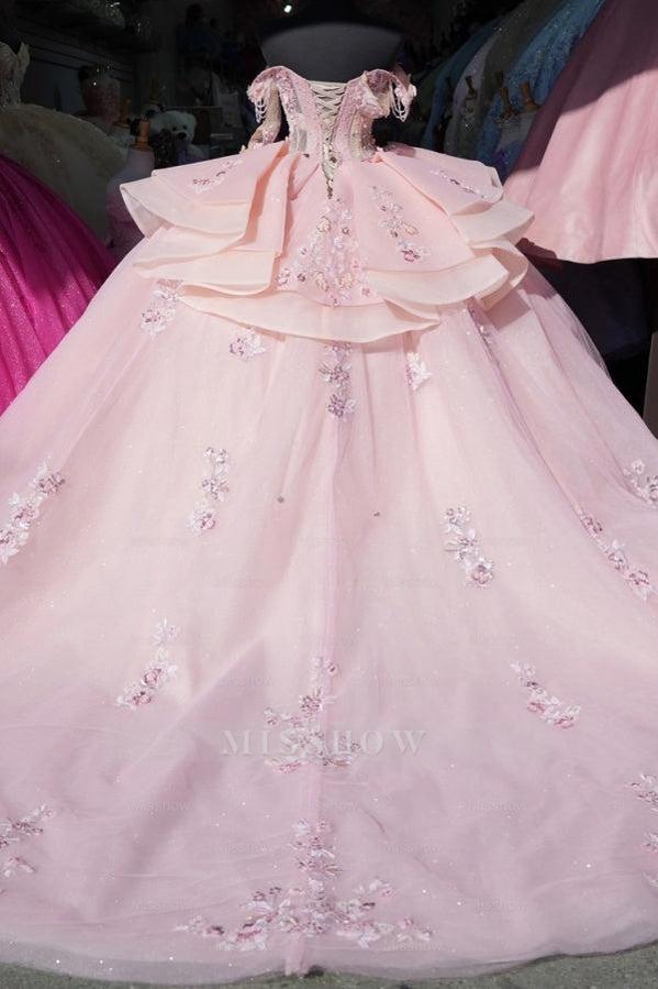 Misshow Exquisite Ball Gown Off-Shoulder Sleeveless Beaded Crystal Tulle Quinceanera Dress for Sweet 16 & Birthday Parties