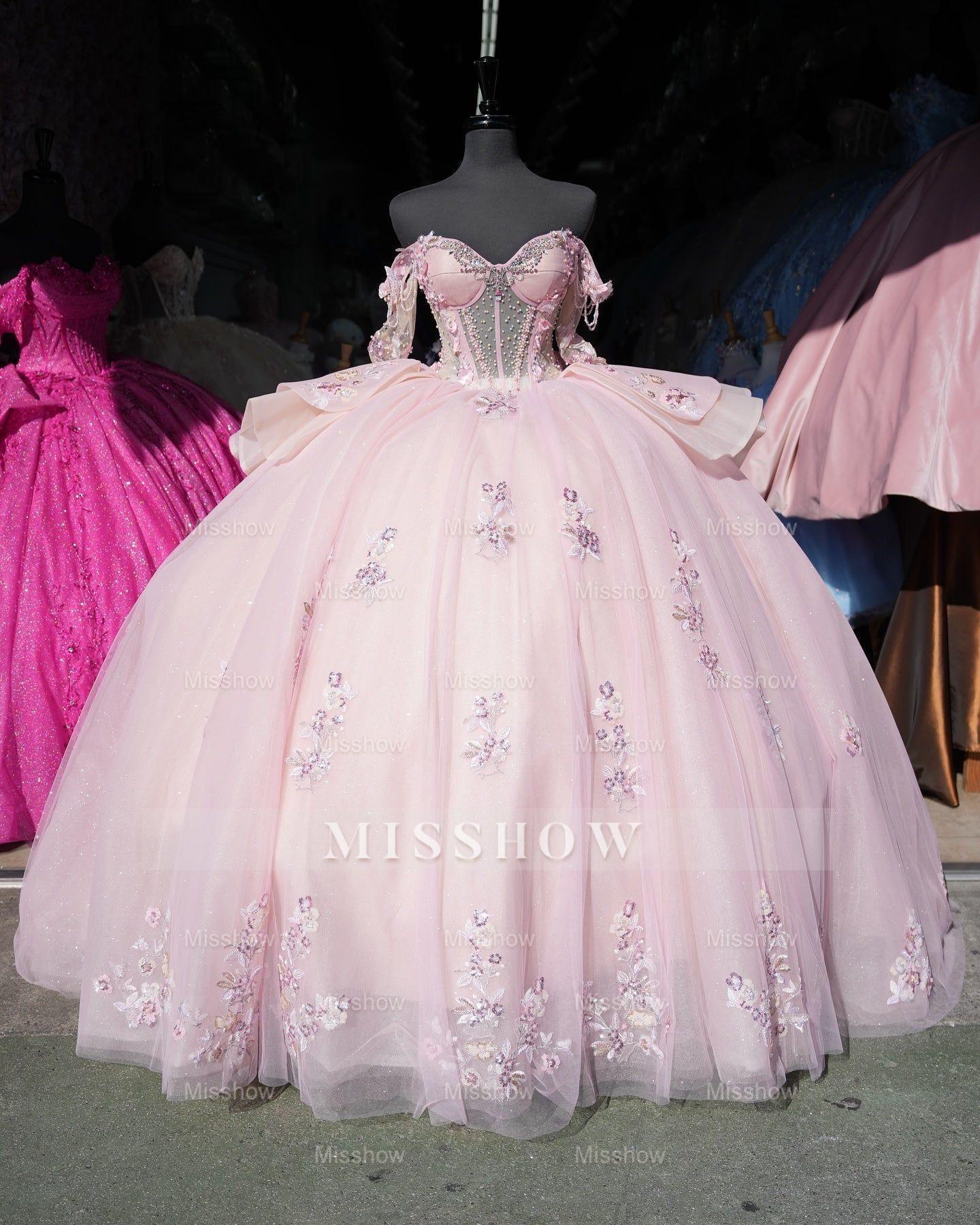 Misshow Exquisite Ball Gown Off-Shoulder Sleeveless Beaded Crystal Tulle Quinceanera Dress for Sweet 16 & Birthday Parties