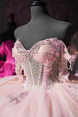 Misshow Exquisite Ball Gown Off-Shoulder Sleeveless Beaded Crystal Tulle Quinceanera Dress for Sweet 16 & Birthday Parties