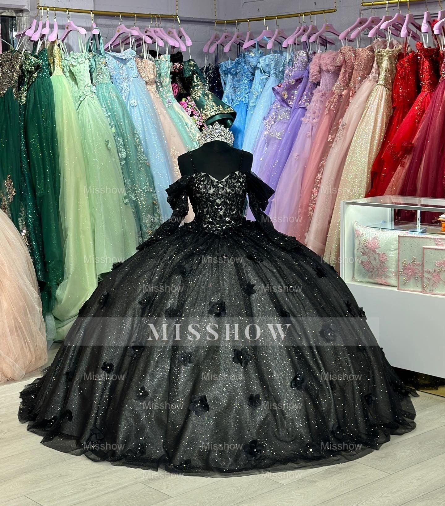 Misshow Exquisite Black Tulle Ball Gown Off-Shoulder Sweetheart Neckline with Floral Appliques for Quinceanera & Evening Galas