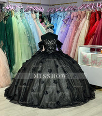 Misshow Exquisite Black Tulle Ball Gown Off-Shoulder Sweetheart Neckline with Floral Appliques for Quinceanera & Evening Galas