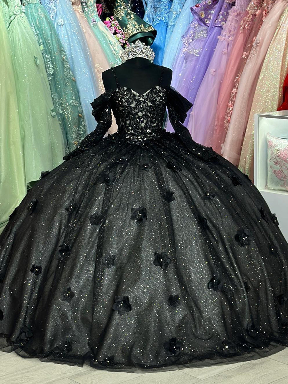 Misshow Exquisite Black Tulle Ball Gown Off-Shoulder Sweetheart Neckline with Floral Appliques for Quinceanera & Evening Galas