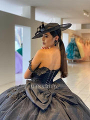 Misshow Exquisite Black Tulle Quinceanera Dress Off-Shoulder Deep V-Neck Ball Gown with Delicate Lace Appliques for Sweet 16