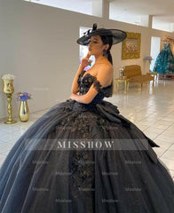 Misshow Exquisite Black Tulle Quinceanera Dress Off-Shoulder Deep V-Neck Ball Gown with Delicate Lace Appliques for Sweet 16