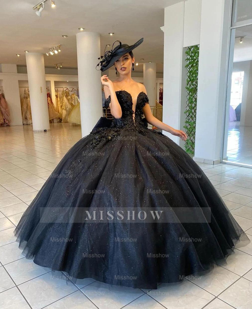 Misshow Exquisite Black Tulle Quinceanera Dress Off-Shoulder Deep V-Neck Ball Gown with Delicate Lace Appliques for Sweet 16