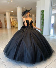 Misshow Exquisite Black Tulle Quinceanera Dress Off-Shoulder Deep V-Neck Ball Gown with Delicate Lace Appliques for Sweet 16