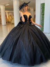 Misshow Exquisite Black Tulle Quinceanera Dress Off-Shoulder Deep V-Neck Ball Gown with Delicate Lace Appliques for Sweet 16