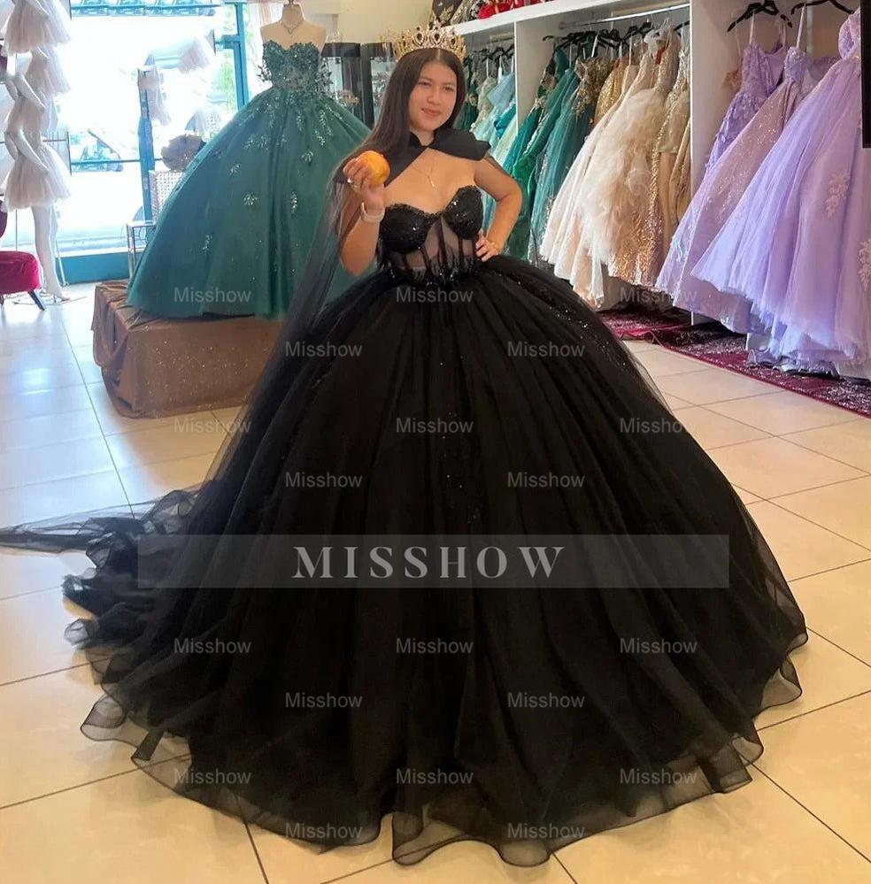 Misshow Exquisite Black Tulle Quinceanera Dress Strapless Ball Gown with Lace & Sequins Appliques for Sweet 16